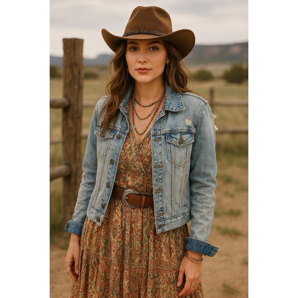 Jean Jacket Womens Brooklyn Cloth Distressed Denim Small Grunge Boho Westerncore - Picture 9 of 9